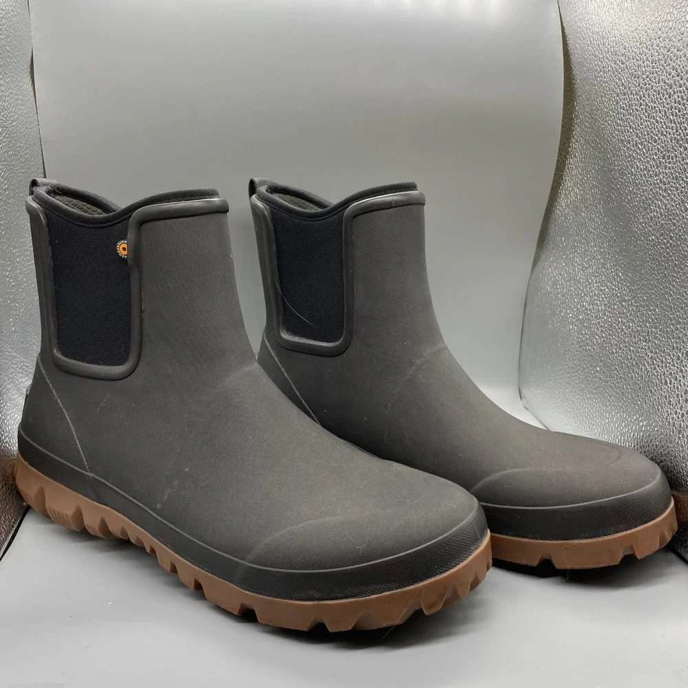 Bogs Arcata Chelse Mid Waterproof Men Rain Boots Gray Gum Lug Sole Slip On Work